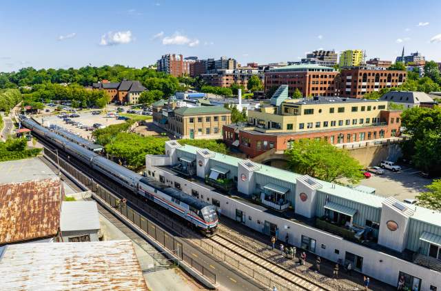 Amtrak train arriving in downtown Burlington VT on waterfront