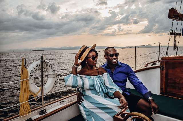 Couple on a sailboat on Lake Champlain
