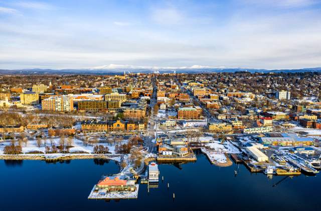 Burlington, VT in the winter from above, overlooking downtown Burlington and Lake Champlain in the Winter