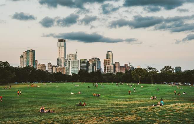 Zilker Park and downtown skyline of Austin Texas