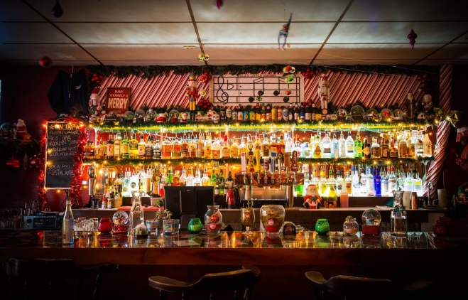 Bar decked out in Christmas decor at Lalas Little Nugget