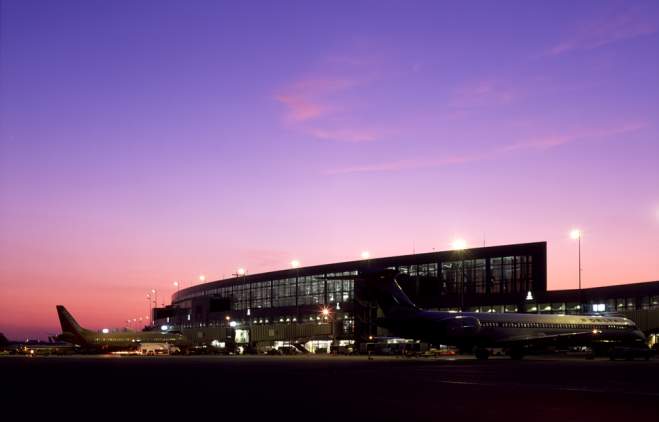 Austin Bergstrom International Airport terminal at sunset in austin texas