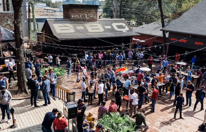Large crowd at Banger's outdoor beer garden.