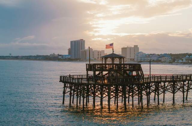 Wide shot of the historic Cherry Grove Pier in North Myrtle Beach