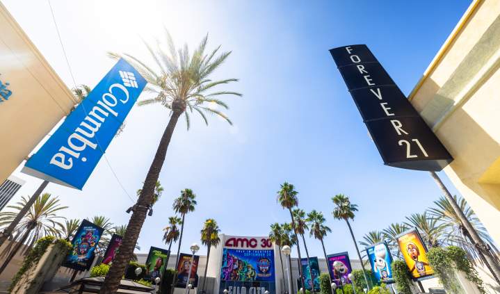 Anaheim GardenWalk outdoor shopping center featuring palm trees, colorful signage, AMC Theatres, and surrounding retail storefronts under a clear blue sky.