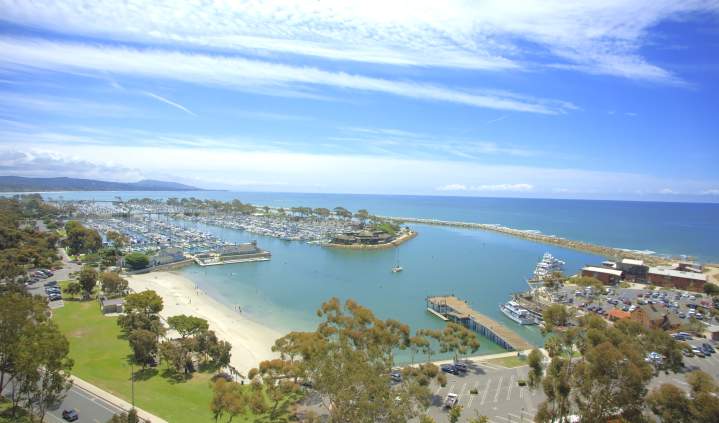 Dana Point Harbor aerial view on a sunny day.