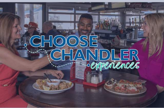 3 people cheers with Choose Chandler Experiences logo on top.