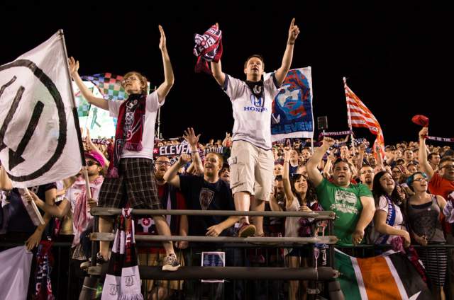 The Brickyard Battalion cheer on the Indy Eleven at Carroll Stadium