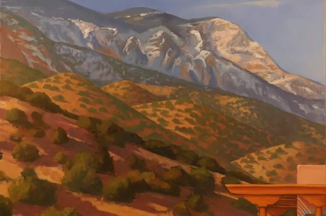 "Setting of Grandeur", oil on canvas, 30" x 24" by Colleen Z Gregoire, features a Placitas, NM patio with Adirondack chairs in the foreground, enjoying the vista of the Sandia mountain's north face.