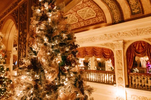 Closeup of a decorated Christmas Tree at the Embassy Theatre during the Festival of Trees in  Fort Wayne, Indiana
