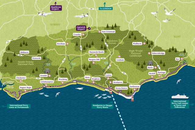 A graphic Map of sussex showing the whole county