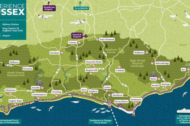A graphic map of sussex showing the location of main towns with roads and travel highlighted