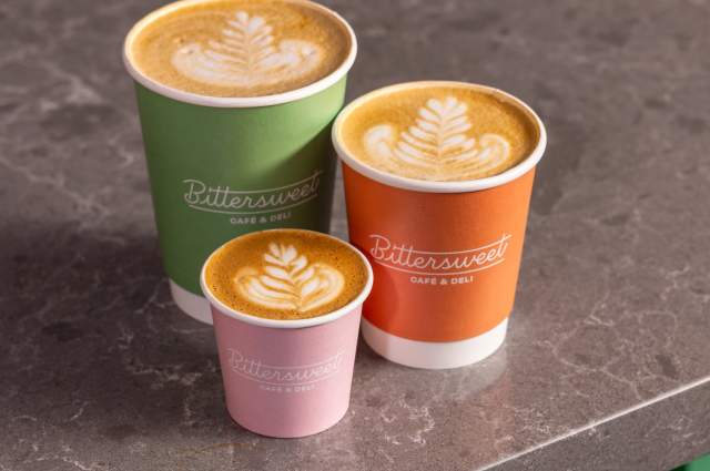 Coffee cups on a counter at Bittersweet Cafe & Deli in Fort Wayne, Indiana