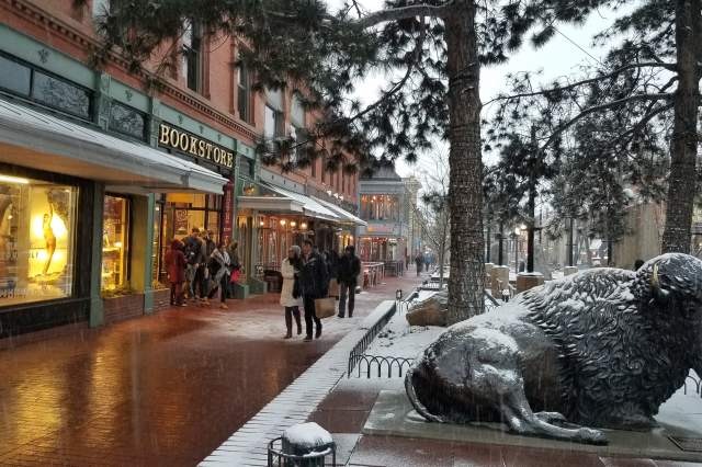 Winter in Front of Boulder Book Store with Buffalo Sculpture