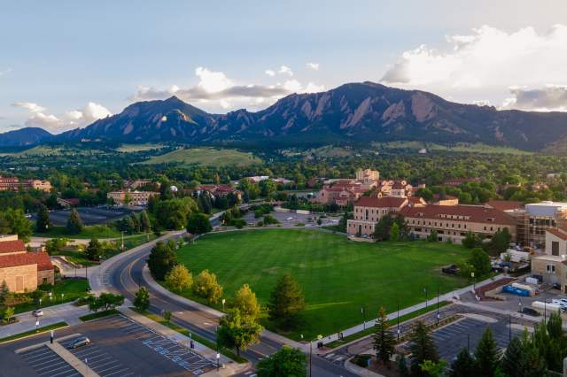 Aerial of the CU campus set against the Flatirons