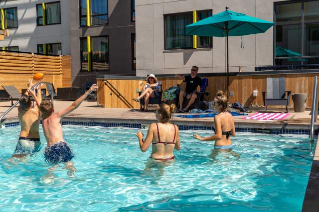 Playing a game in the pool at the Embassy Suites in Boulder