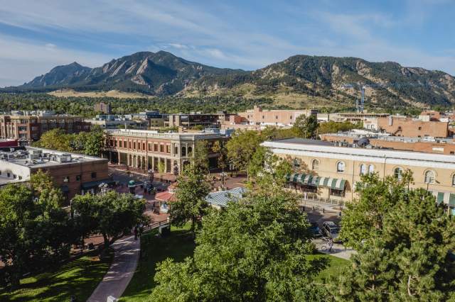 Downtown Boulder with Flatirons - from courthouse