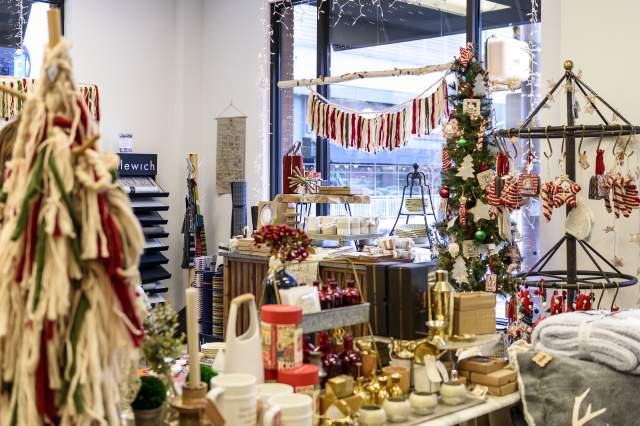 holiday gifts and home decor at a boutique store