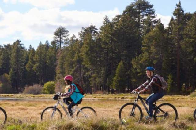 Family biking in outdoors