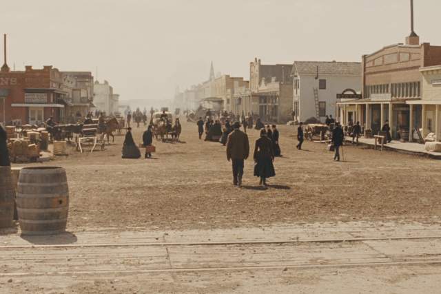 True Grit screengrab showing a dusty landscape of the western town of Fort Smith Arkansas