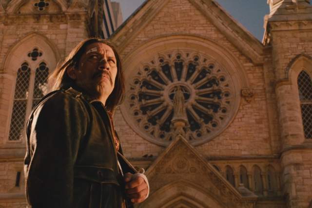 Machete screengrab showing Machete in front of St Mary's Cathedral in Austin Texas