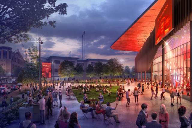 Artistic rendering of an event on the plaza at the Moody Center