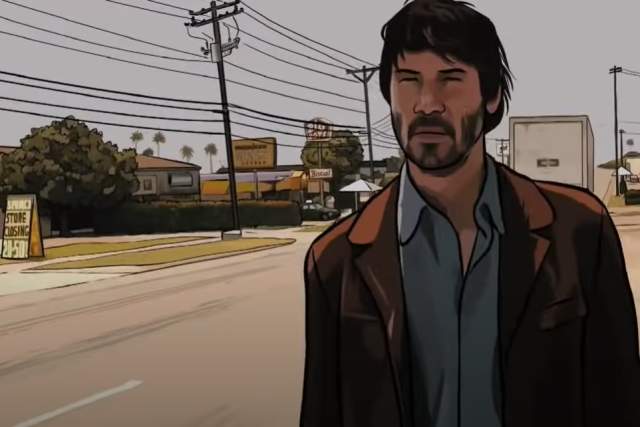 A Scanner Darkly screengrab showing Keanu Reeves walking down a street