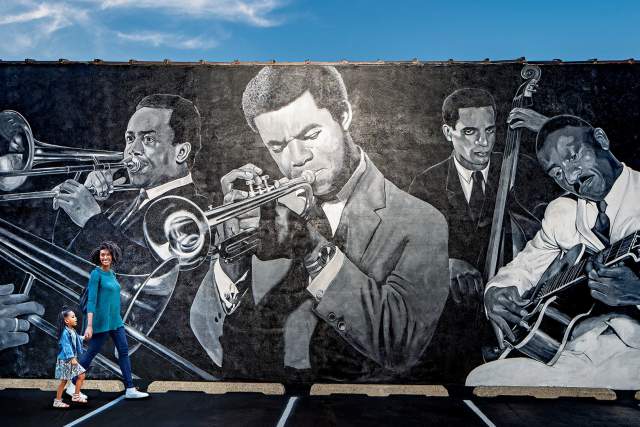 The Indiana Avenue Jazz Masters mural by Pamela Bliss pays tribute to the city's rich jazz history