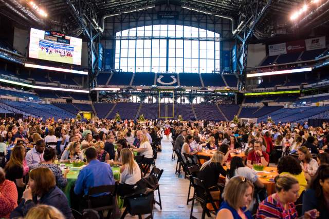 Lucas Oil Stadium is connected by an underground walkway to the Indiana Convention Center