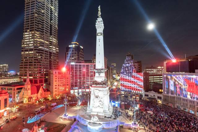 Gather every evening for a light and music display on Monument Circle