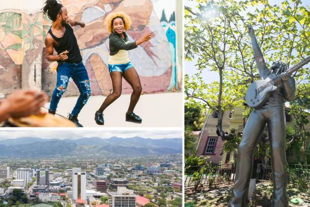 Collage Image of Dancing, City view and Bob Marley's Statue.