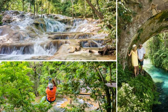 Collage Image of Dunn's River Falls, Person on Zipline and a Couple under a Bridge.