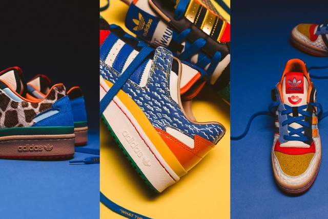 Colorful Adidas sneakers with mixed materials and bright patterns, photographed on bold blue and yellow backgrounds.