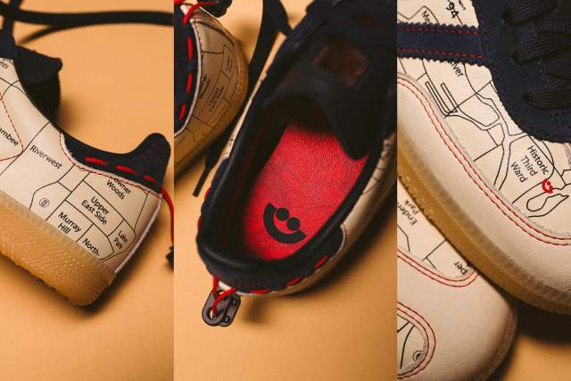 Custom Adidas sneakers featuring a printed map of Milwaukee neighborhoods with red stitching and city-themed details.