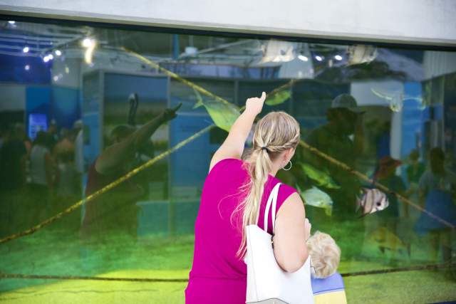 woman and child pointing to a large aquarium
