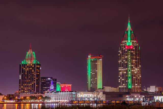 The Mobile skyline lit up for Christmas