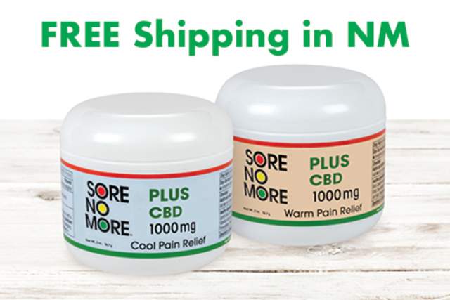 two containers reading Sore No More Plus CBD 1000mg, with two different labels, a blue for Cool Pain Relief and red for Warm Pain Relief. Text reads FREE Shipping in NM.