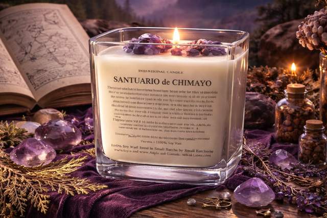A candle labeled "Santuario de Chimayo" is lit, surrounded by gemstones, jewelry, dried herbs, and an open vintage book. The scene is set on a wooden table with a purple cloth, against a backdrop of mountains and a twilight sky.