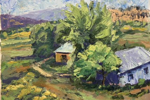 A colorful landscape painting depicting a rural scene with vibrant trees, a house, and a barn. The sky is a partly cloudy, and rolling hills are visible in the background.