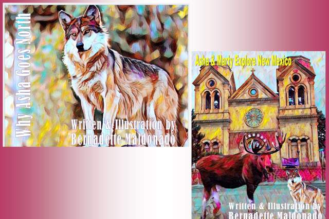 Two books, both written and illustrated by Bernadette Maldonado, featuring an artistic rendering of a wolf and a church with an elk, respectively, in vivid colors.