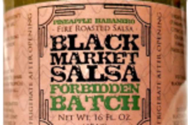 A jar of Black Market Salsa Forbidden Batch green salsa