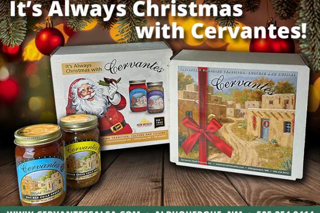 Promotional image for Cervantes Food Products featuring two jars of salsa and gift packages with festive Christmas decorations and contact information for Albuquerque location.
