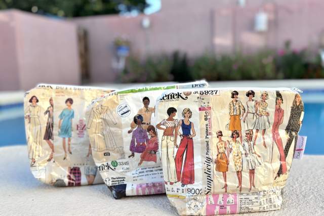 Bags showing vintage outfits on various people, displayed in front of a swimming pool.