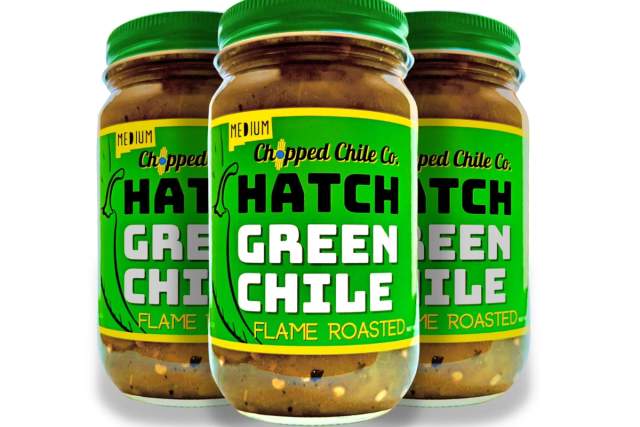 Three jars of Hatch Green Chile from Chopped Chile Co., medium heat, flame roasted, displayed in a line with a white background.