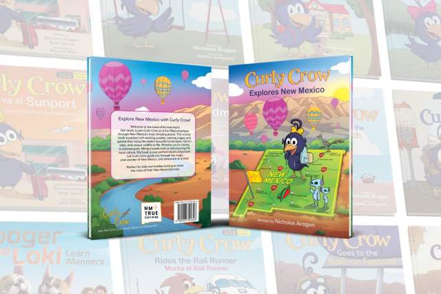 Two book covers are displayed against a backdrop of similar book covers. The front and back covers feature "Curly Crow Explores New Mexico". The front cover shows a crow character with a map and balloon, set in New Mexico. The back cover includes a synopsis and colorful illustrations.