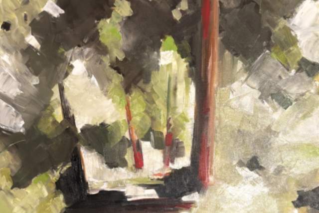 A painting of a wooded area with tall trees. There are streaks of sunlight filtering through the leaves, creating a dappled effect on the ground. The trees and foliage are depicted in an impressionistic style with vibrant colors.