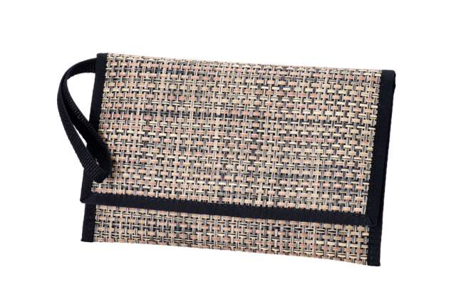 A wallet with a woven design, labeled 'DESERT.'