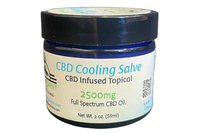 Jar of CBD Cooling Salve, CBD Infused Topical, labeled with 2500mg Full Spectrum CBD Oil, Net Wt. 2 oz (59ml).