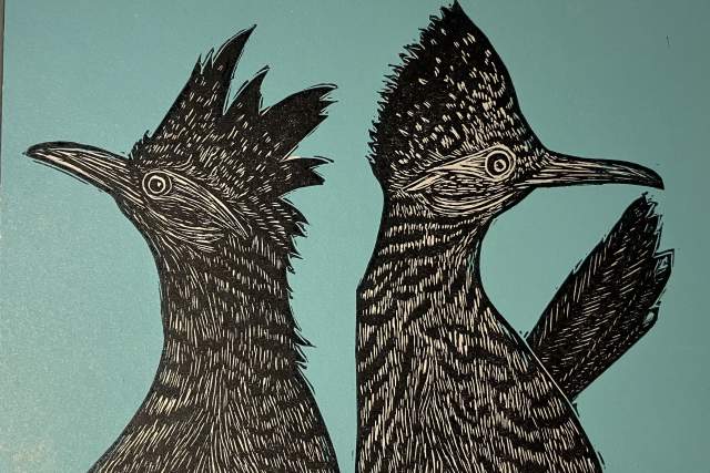 Artistic print depicting two stylized birds with prominent crested heads and textured feathers against a teal background.