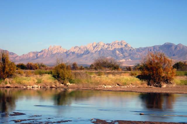A serene landscape featuring the Rio Grande River in the foreground, with trees lining its banks. The backdrop includes the rugged peaks of the Organ Mountains under a clear blue sky.